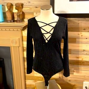 XL black and rhinestone Charlotte Russe long sleeved body suit